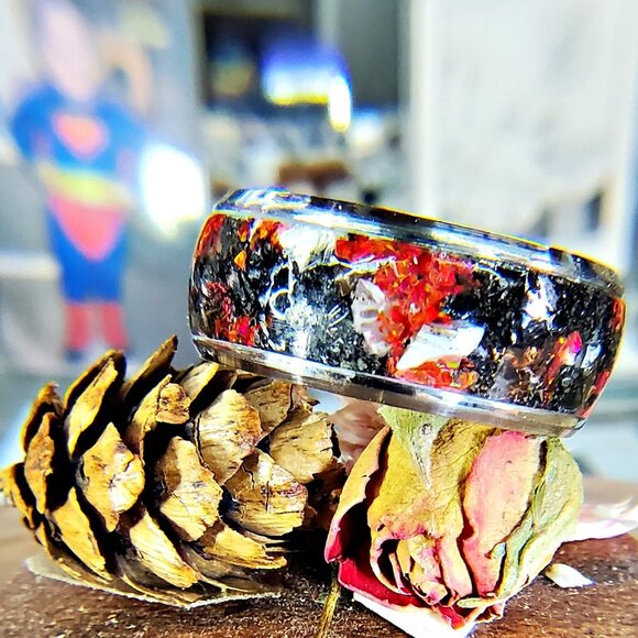 "Extinction" Ring with Dinosaur Bone, Meteorite Shavings & Red Opal - Picture 2 of 6